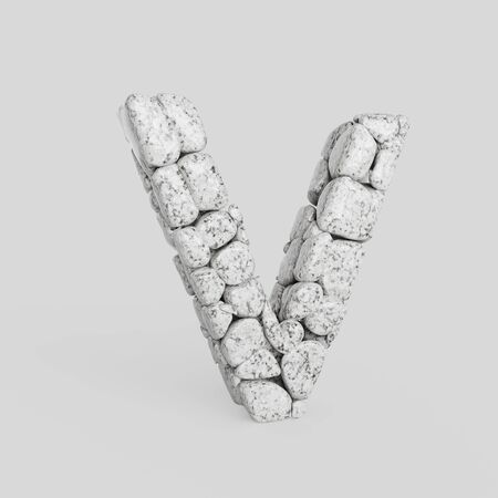 Letter V in upper case made from smooth granite stones. Seamless white floor with subtle soft shadows. This image is a 3d render.の写真素材