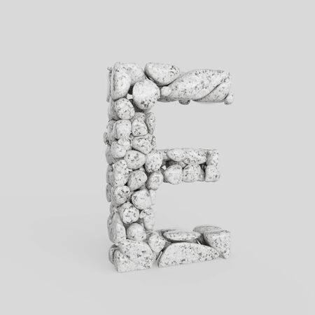 Letter E in upper case made from smooth granite stones. Seamless white floor with subtle soft shadows. This image is a 3d render.の写真素材