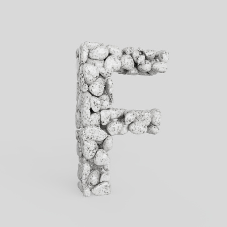 Letter F in upper case made from smooth granite stones. Seamless white floor with subtle soft shadows. This image is a 3d render.の写真素材