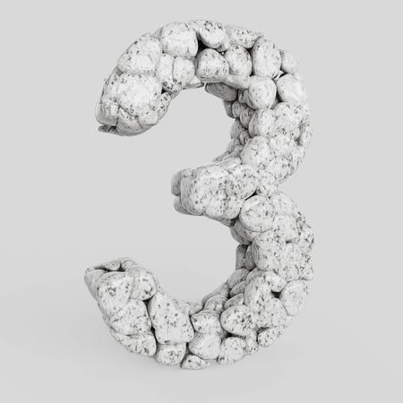 Smooth  granite stones forming the number 3 on a seamless white floor. This image is a 3d render.の写真素材
