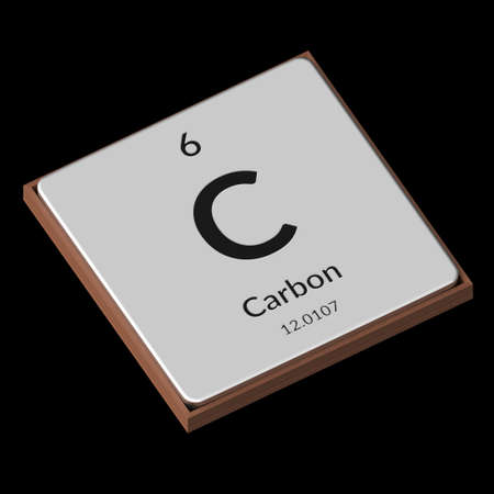 Embossed isolated metal plate displaying the chemical element Carbon, its atomic weight, periodic...