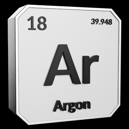 3d text of Chemical Element Argon, its atomic weight, periodic number, and symbol on shiny metal geometry with a black background. This image is a 3d render.の写真素材