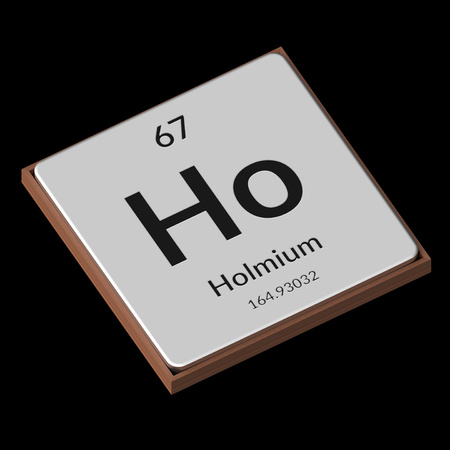 Embossed isolated metal plate displaying the chemical element Holmium, its atomic weight, periodic number, and symbol on a black background. This image is a 3d render.の写真素材