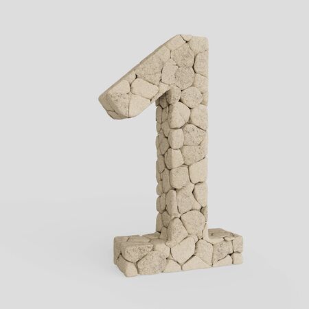 Number 1 made from lightly colored rocks and presented on an infinite white surface with very subtle soft shadows. This image is a 3d render.の写真素材