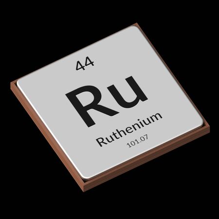 Embossed isolated metal plate displaying the chemical element Ruthenium, its atomic weight, periodic number, and symbol on a black background. This image is a 3d render.の写真素材