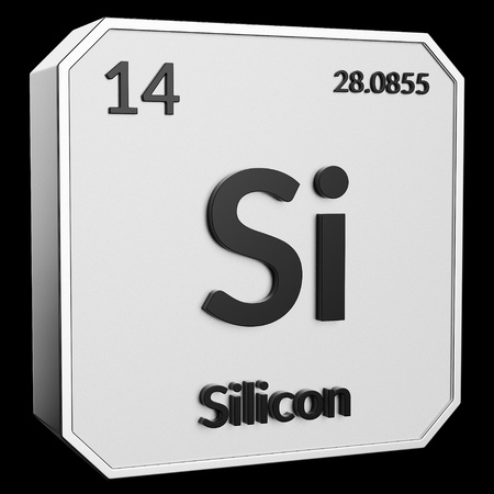3d text of Chemical Element Silicon, its atomic weight, periodic number, and symbol on shiny metal geometry with a black background. This image is a 3d render.の写真素材