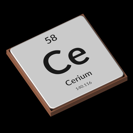 Embossed isolated metal plate displaying the chemical element Cerium, its atomic weight, periodic number, and symbol on a black background. This image is a 3d render.の写真素材