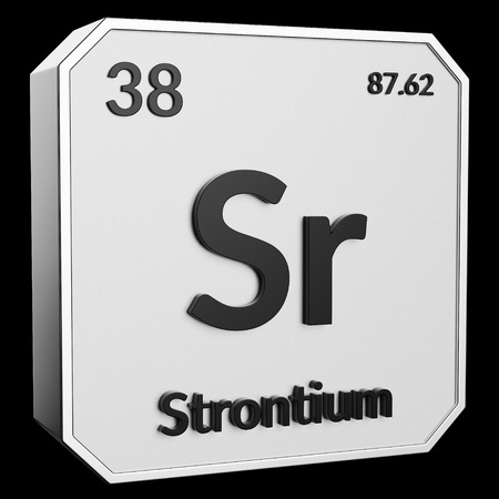 3d text of Chemical Element Strontium, its atomic weight, periodic number, and symbol on shiny metal geometry with a black background. This image is a 3d render.の写真素材