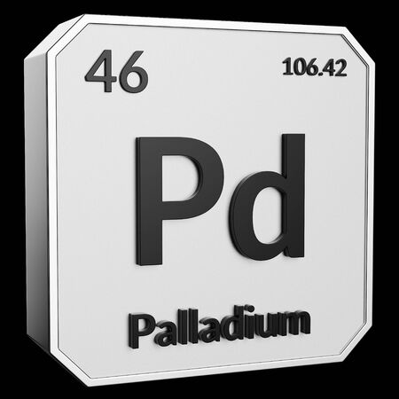 3d text of Chemical Element Palladium, its atomic weight, periodic number, and symbol on shiny metal geometry with a black background. This image is a 3d render.の写真素材