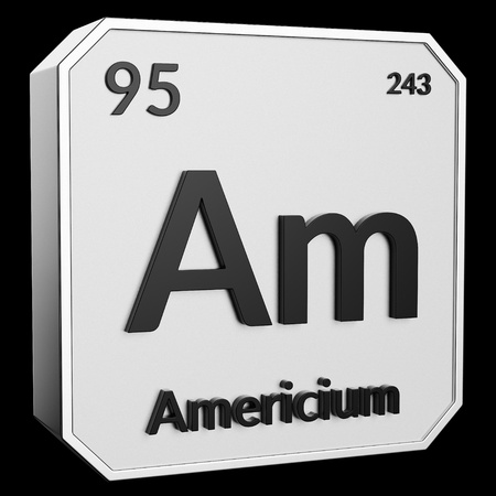 3d text of Chemical Element Americium, its atomic weight, periodic number, and symbol on shiny metal geometry with a black background. This image is a 3d render.の写真素材