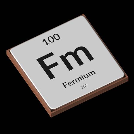 Embossed isolated metal plate displaying the chemical element Fermium, its atomic weight, periodic number, and symbol on a black background. This image is a 3d render.の写真素材