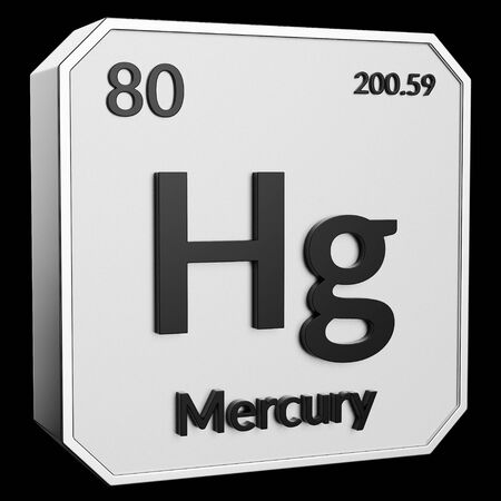 3d text of Chemical Element Mercury, its atomic weight, periodic number, and symbol on shiny metal geometry with a black background. This image is a 3d render.の写真素材