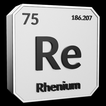 3d text of Chemical Element Rhenium, its atomic weight, periodic number, and symbol on shiny metal geometry with a black background. This image is a 3d render.の写真素材