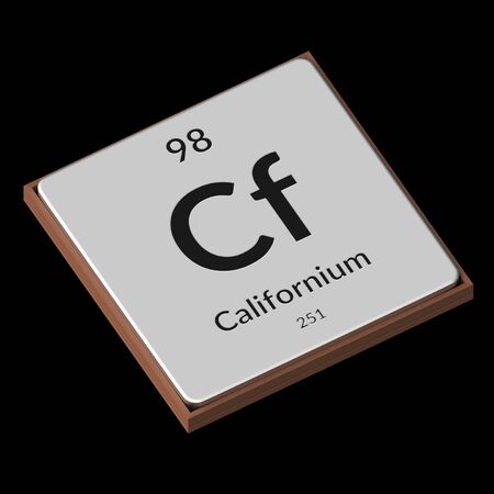 Embossed isolated metal plate displaying the chemical element Californium, its atomic weight, periodic number, and symbol on a black background. This image is a 3d render.の写真素材