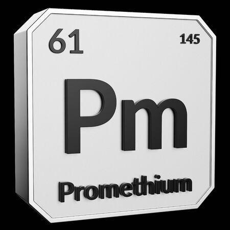 3d text of Chemical Element Promethium, its atomic weight, periodic number, and symbol on shiny metal geometry with a black background. This image is a 3d render.の写真素材