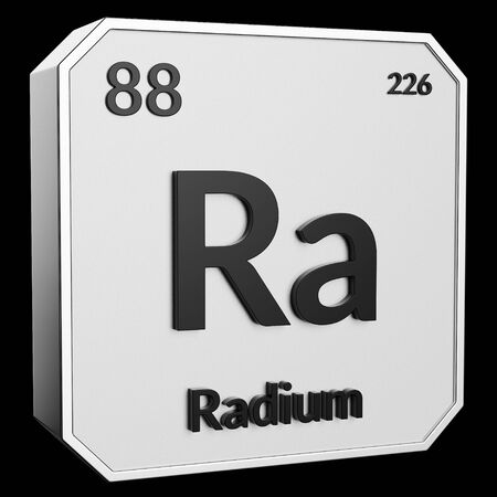 3d text of Chemical Element Radium, its atomic weight, periodic number, and symbol on shiny metal geometry with a black background. This image is a 3d render.の写真素材