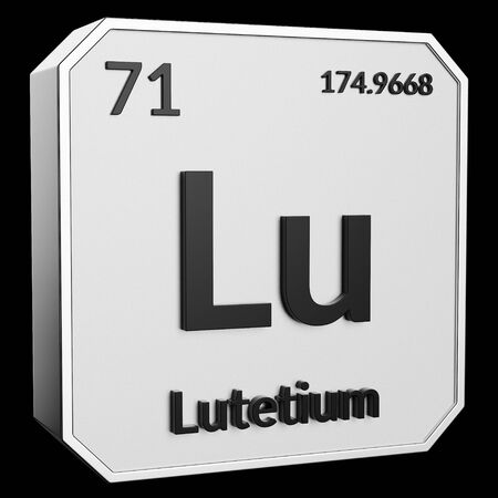 3d text of Chemical Element Lutetium, its atomic weight, periodic number, and symbol on shiny metal geometry with a black background. This image is a 3d render.の写真素材
