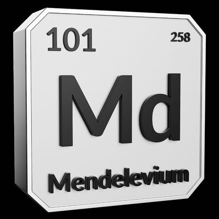 3d text of Chemical Element Mendelevium, its atomic weight, periodic number, and symbol on shiny metal geometry with a black background. This image is a 3d render.の写真素材
