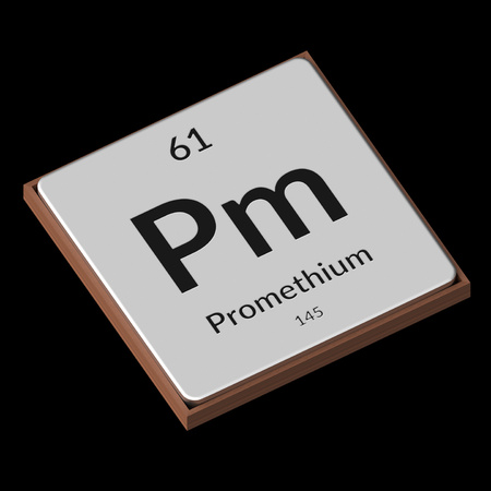 Embossed isolated metal plate displaying the chemical element Promethium, its atomic weight, periodic number, and symbol on a black background. This image is a 3d render.の写真素材