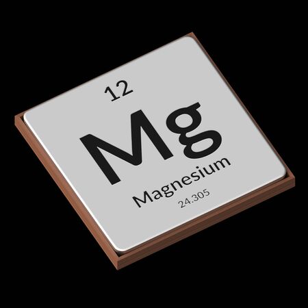 Embossed isolated metal plate displaying the chemical element Magnesium, its atomic weight, periodic number, and symbol on a black background. This image is a 3d render.の写真素材
