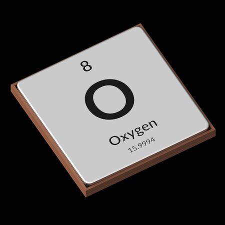 Embossed isolated metal plate displaying the chemical element Oxygen, its atomic weight, periodic number, and symbol on a black background. This image is a 3d render.の写真素材