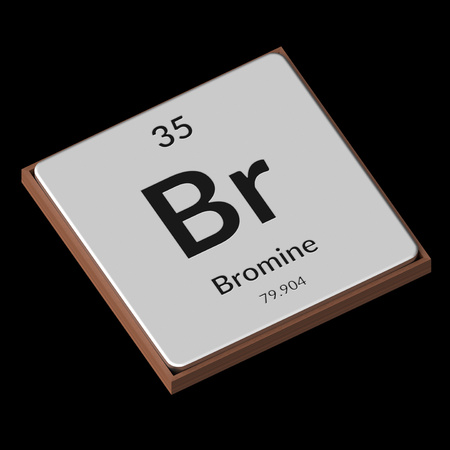 Embossed isolated metal plate displaying the chemical element Bromine, its atomic weight, periodic number, and symbol on a black background. This image is a 3d render.の写真素材