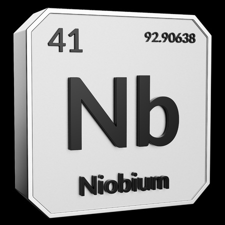 3d text of Chemical Element Niobium, its atomic weight, periodic number, and symbol on shiny metal geometry with a black background. This image is a 3d render.の写真素材