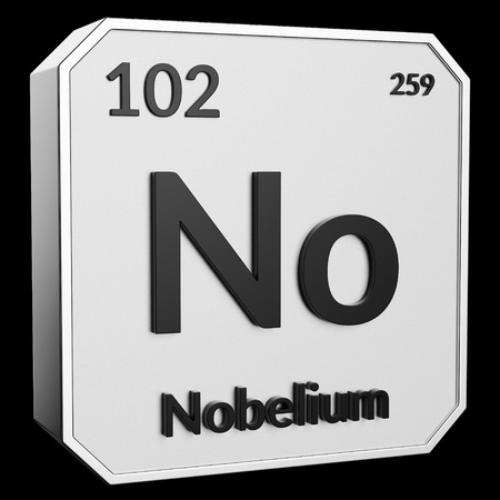 3d text of Chemical Element Nobelium, its atomic weight, periodic number, and symbol on shiny metal geometry with a black background. This image is a 3d render.の写真素材