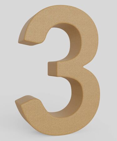 Number 3 made from unmarked orange cork and presented on an infinite white surface with very subtle soft shadows. This image is a 3d render.の写真素材