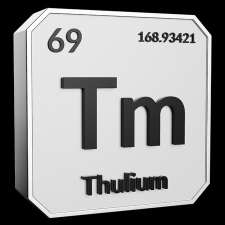 3d text of Chemical Element Thulium, its atomic weight, periodic number, and symbol on shiny metal geometry with a black background. This image is a 3d render.の写真素材