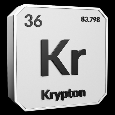 3d text of Chemical Element Krypton, its atomic weight, periodic number, and symbol on shiny metal geometry with a black background. This image is a 3d render.の写真素材