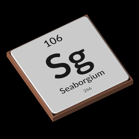Embossed isolated metal plate displaying the chemical element Seaborgium, its atomic weight, periodic number, and symbol on a black background. This image is a 3d render.の写真素材