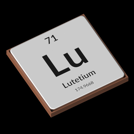 Embossed isolated metal plate displaying the chemical element Lutetium, its atomic weight, periodic number, and symbol on a black background. This image is a 3d render.の写真素材