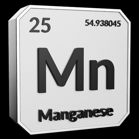 3d text of Chemical Element Manganese, its atomic weight, periodic number, and symbol on shiny metal geometry with a black background. This image is a 3d render.の写真素材