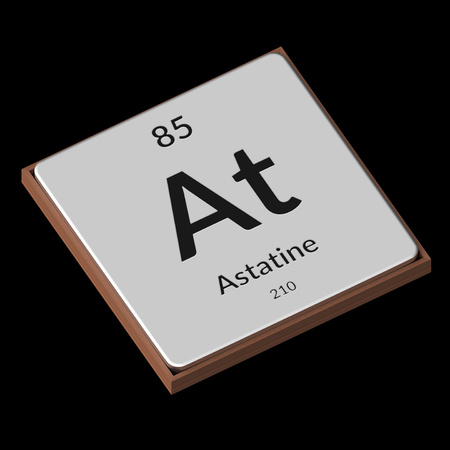 Embossed isolated metal plate displaying the chemical element Astatine, its atomic weight, periodic number, and symbol on a black background. This image is a 3d render.の写真素材
