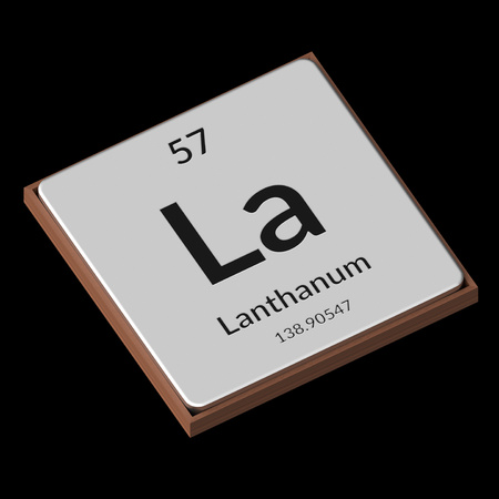 Embossed isolated metal plate displaying the chemical element Lanthanum, its atomic weight, periodic number, and symbol on a black background. This image is a 3d render.の写真素材