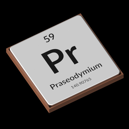Embossed isolated metal plate displaying the chemical element Praseodymium, its atomic weight, periodic number, and symbol on a black background. This image is a 3d render.の写真素材