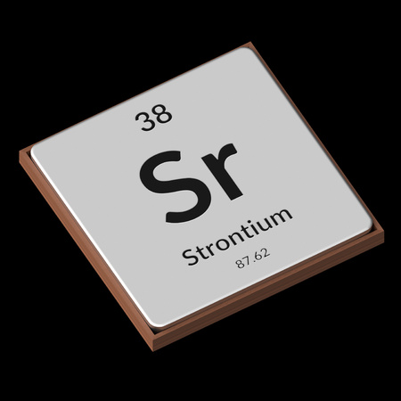 Embossed isolated metal plate displaying the chemical element Strontium, its atomic weight, periodic number, and symbol on a black background. This image is a 3d render.の写真素材