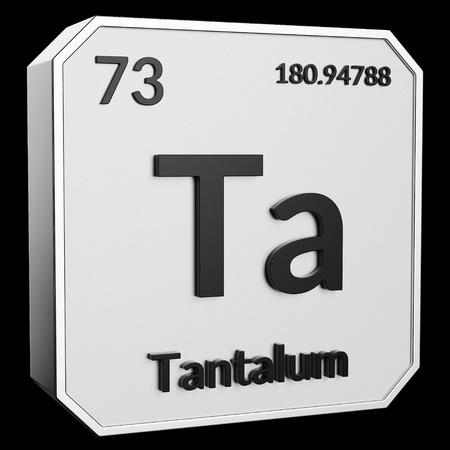 3d text of Chemical Element Tantalum, its atomic weight, periodic number, and symbol on shiny metal geometry with a black background. This image is a 3d render.の写真素材