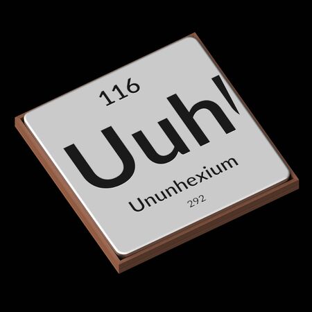 Embossed isolated metal plate displaying the chemical element Ununhexium , its atomic weight, periodic number, and symbol on a black background. This image is a 3d render.の写真素材