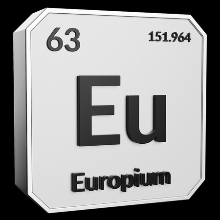 3d text of Chemical Element Europium, its atomic weight, periodic number, and symbol on shiny metal geometry with a black background. This image is a 3d render.の写真素材