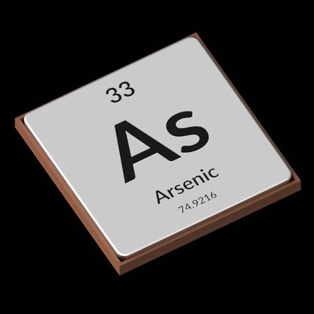 Embossed isolated metal plate displaying the chemical element Arsenic, its atomic weight, periodic number, and symbol on a black background. This image is a 3d render.の写真素材