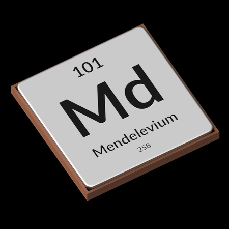 Embossed isolated metal plate displaying the chemical element Mendelevium, its atomic weight, periodic number, and symbol on a black background. This image is a 3d render.の写真素材