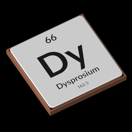 Embossed isolated metal plate displaying the chemical element Dysprosium, its atomic weight, periodic number, and symbol on a black background. This image is a 3d render.の写真素材