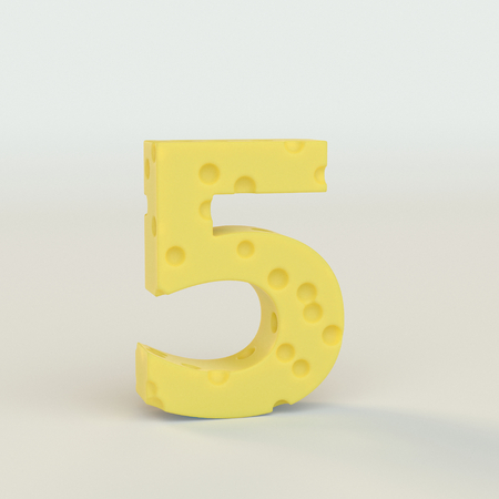 Swiss cheese number 5. 3d illustration in on a white studio seamless.の写真素材