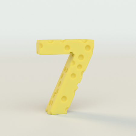 Swiss cheese number 7. 3d illustration in on a white studio seamless.の写真素材