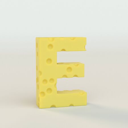 Upper case Swiss cheese letter E on a white studio seamless. This is a 3d renderの写真素材