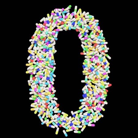 Medical typography floating colorful capsule pills forming the number 0. 3d rendered on a black background.の写真素材