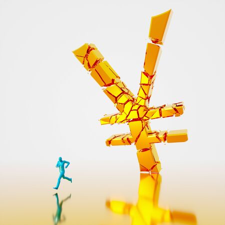 Huge collapsing and fracturing golden yen symbol falling toward a small teal figure running from it. Presented in a reflective gold and white space. This image is a 3d render.の写真素材