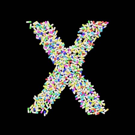 Medical typography floating colorful capsule pills forming the letter X. 3d rendered on a black background.の写真素材